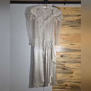 Vintage 80s Lorrie Kabala Victorian‎ Edwardian Style Satin Lace Wedding Dress